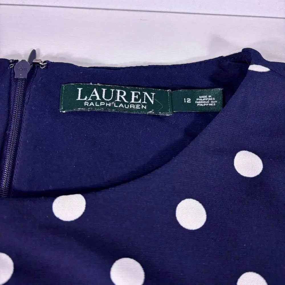 Ralph Lauren Navy & White Polka Dot Fit-and-Flare Midi Dress Size 12 1265